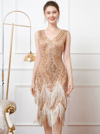 1920S Retro Double-Layered Tassel Dress Gatsby Prom Sequin Dress Party V-neck Bead Dance Dress