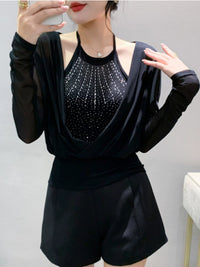Fashion Sexy Mesh Bottoming Shirt Stylish Halterneck Rhinestone Strappy T-shirt Fake Two-Piece Tops Female Silm Baita