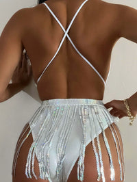 AliExpress Amazon Fashion V Neck PU Leather Open Back Sexy One Piece Swimsuit Tassel Two-Piece Performance Wear Swimsuit