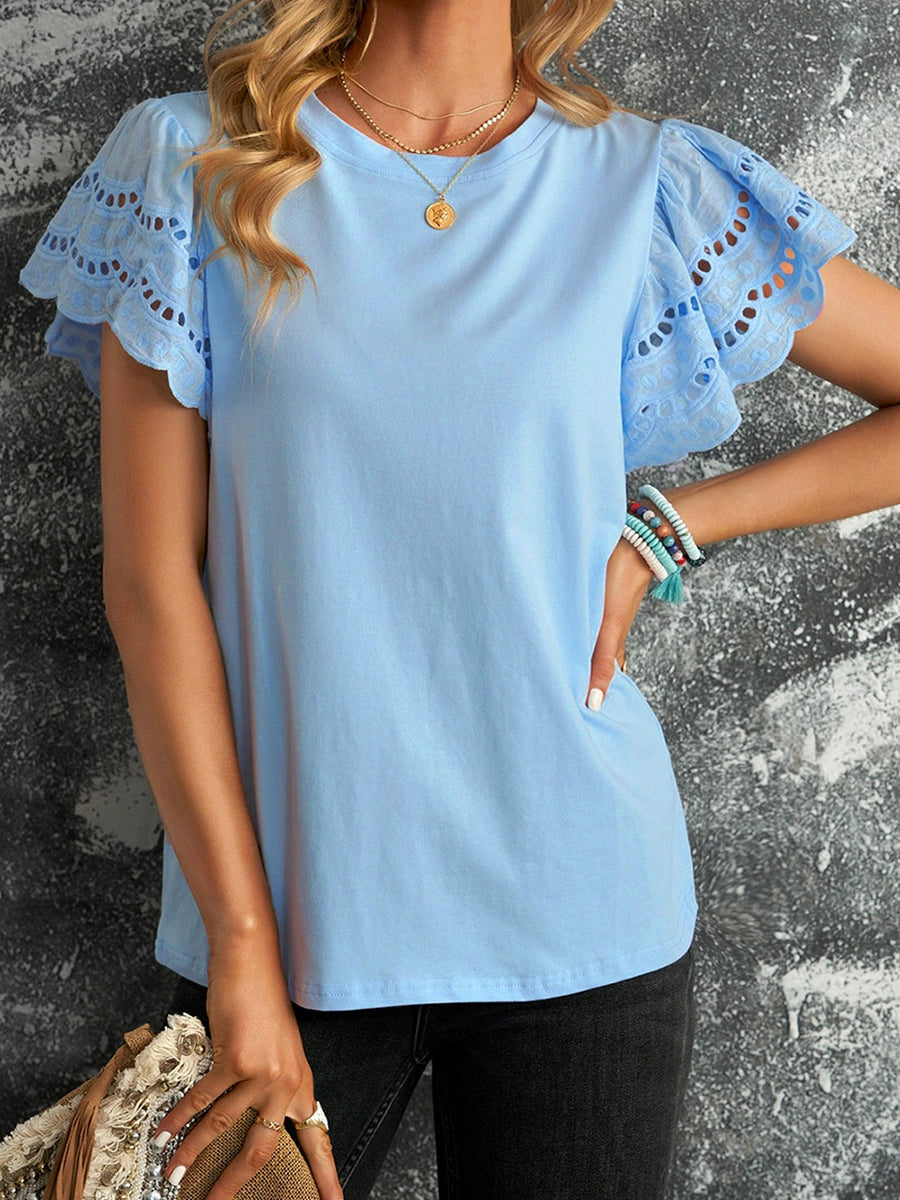 Speaker Pure Color Casual Half-Sleeve Base Tops Lace