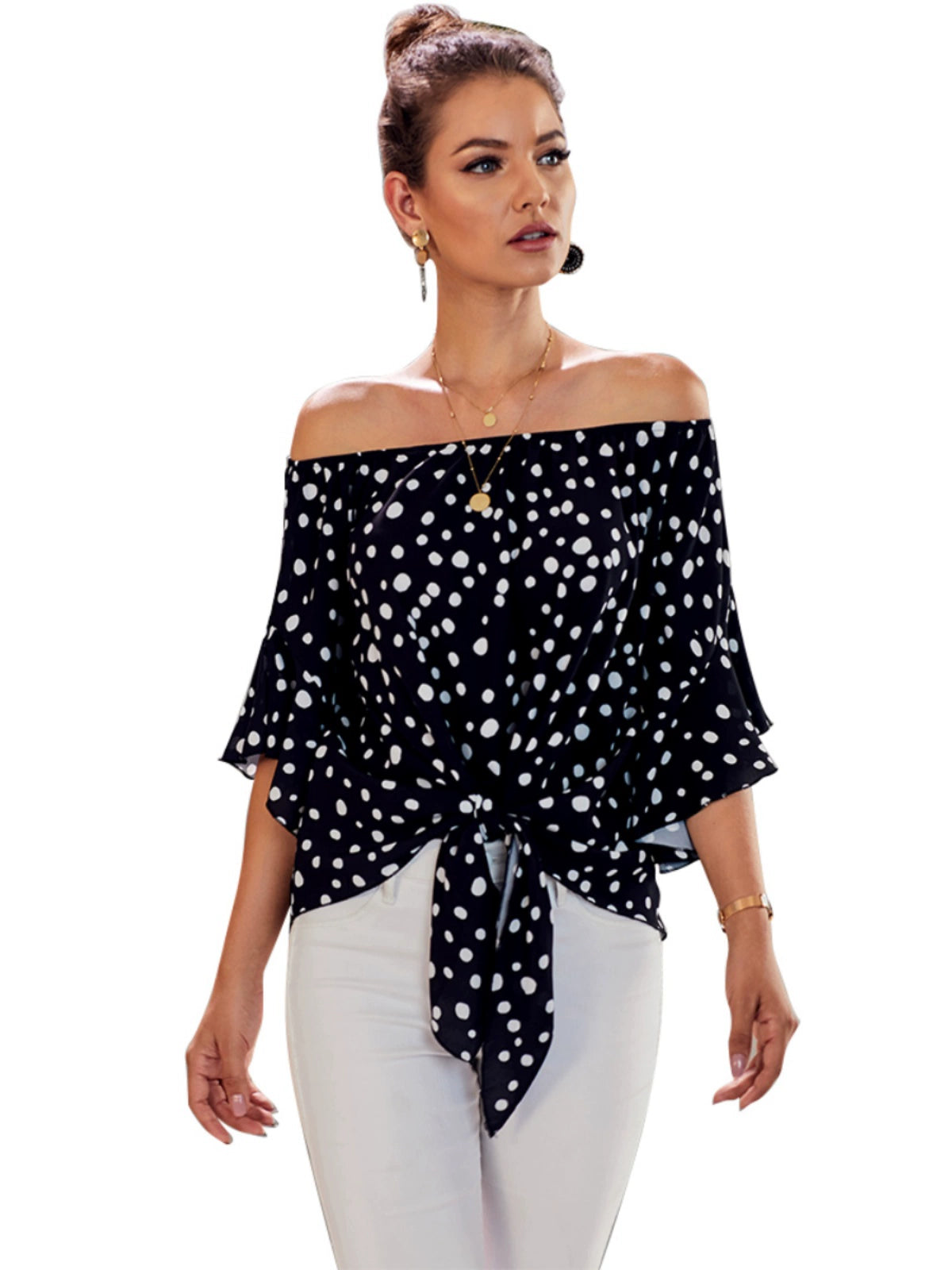 Shiying off-Shoulder Regular Sleeve Polka Dot Top T-shirt