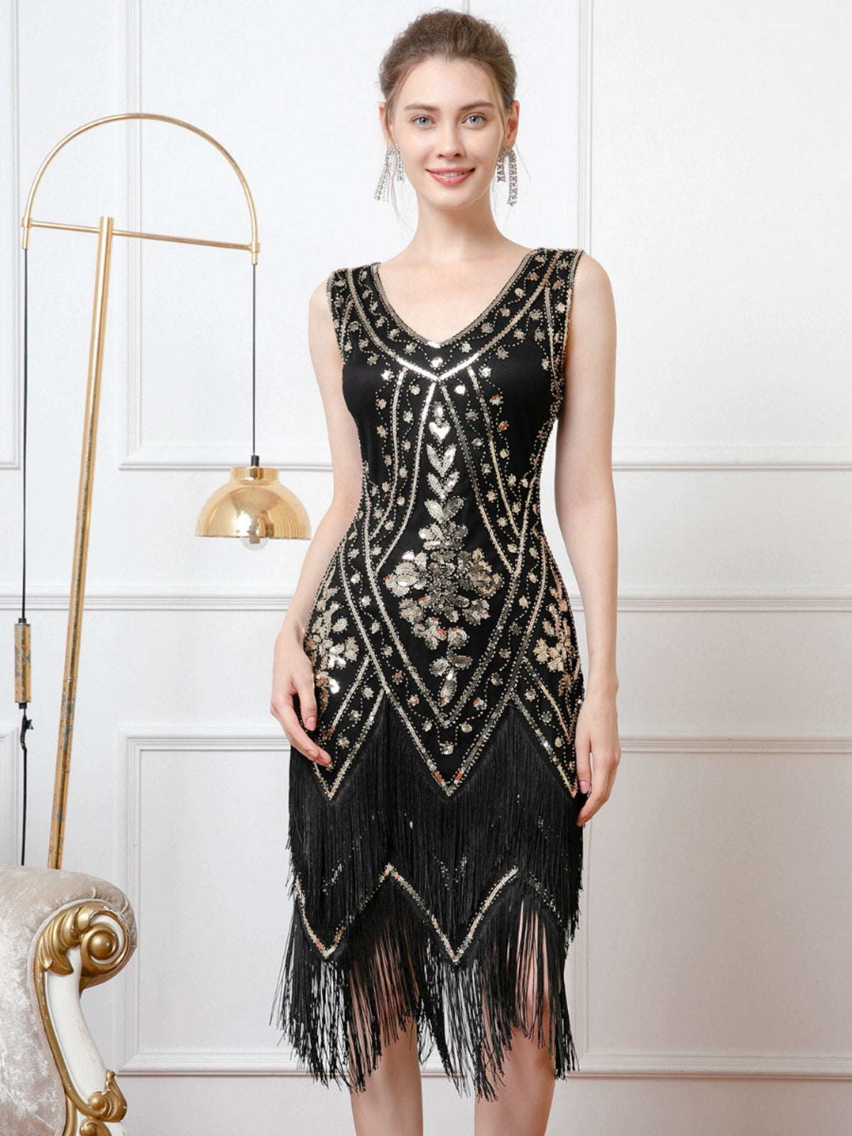 1920S Retro Double-Layered Tassel Dress Gatsby Prom Sequin Dress Party V-neck Bead Dance Dress