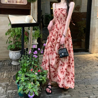 Pleated Suspender Dress Vacation Style Rose Print