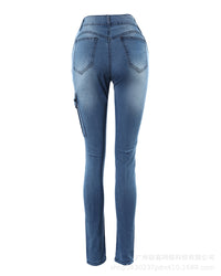 Women's Denim Pants 2025 Summer New Fashion Solid Color Buttoned Pocket Zipper Design High Waist Casual Daily Skinny Jeans