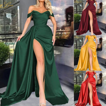 Cross-Border Foreign Trade High Slit Sexy off-the-Shoulder Evening Gown