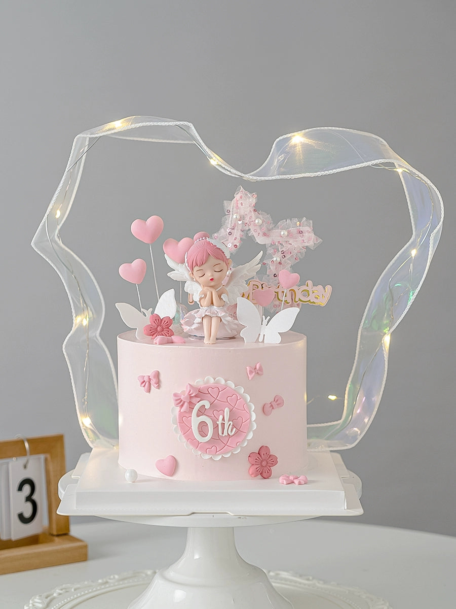 Baking Cake Topper Pink Ballet Closed Eyes Girl Bella Angel Decoration White Ribbon Full-Year Birthday Party Dress up