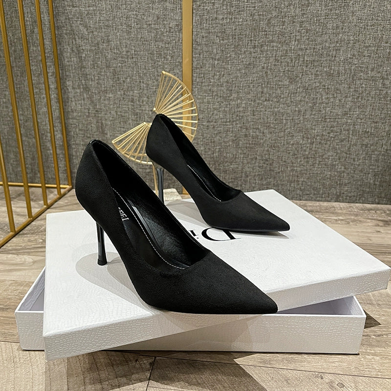 2022 Autumn and Winter New All-Match Black High-Heeled Shoes Women's Stiletto Heel Sexy European and American Small Single-Layer Shoes French Style Girl's Women's