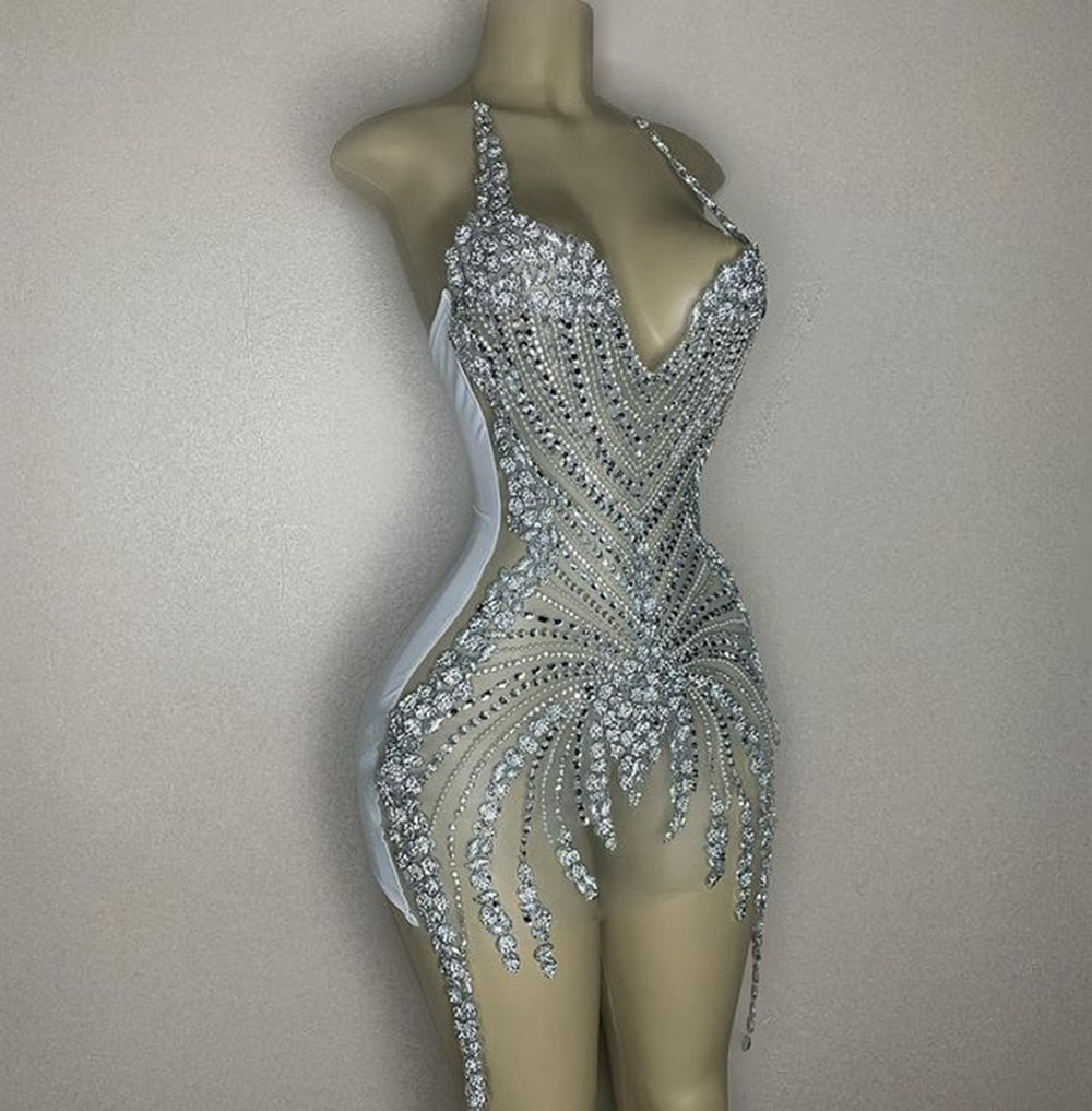 See Through Short Prom Dresses Luxury Beaded Crystals Silver African Women Cocktail Gown For Party