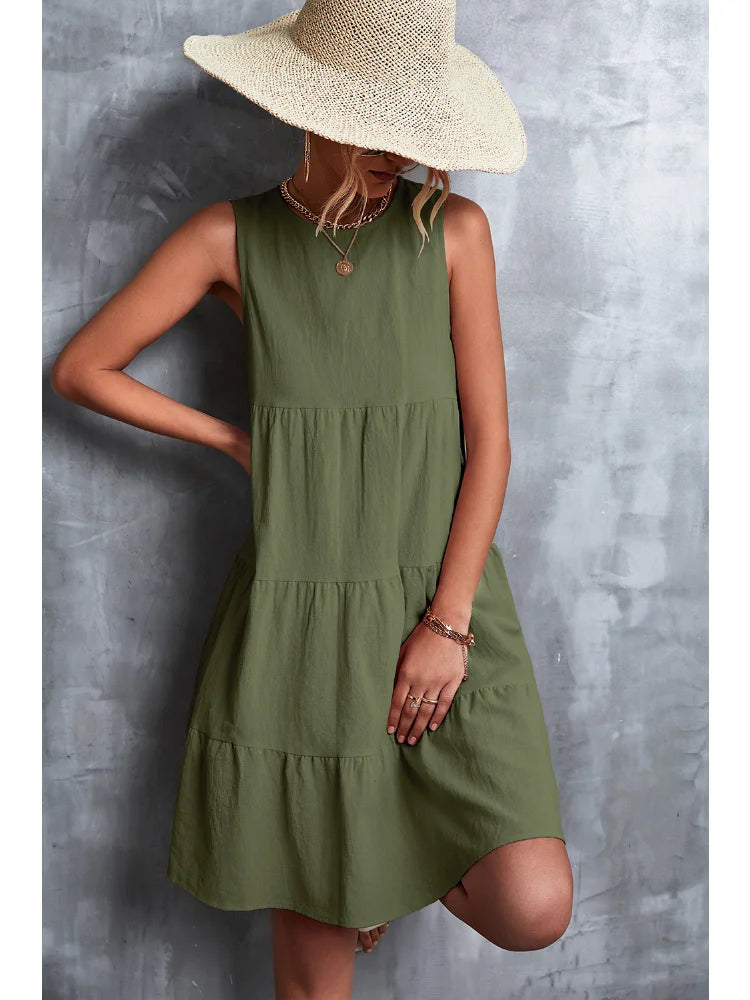 Summer Dress Women Round Neck Loose Vintage Dresses Hem Patchwork Cake Dress Leisure Women Clothing Solid Dresses Streetwear