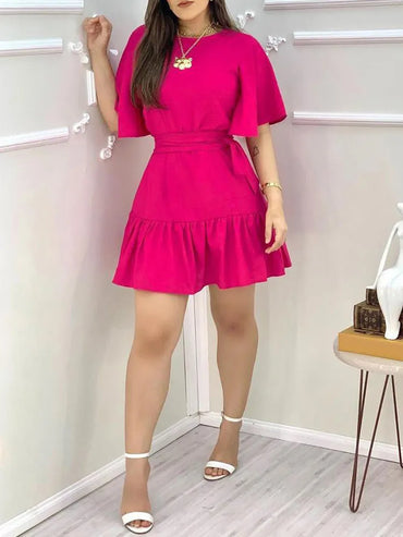 Ruffles Ruched Half Sleeve Casual Dress Women Solid Round Neck Slim Waist Flare Mini Dress