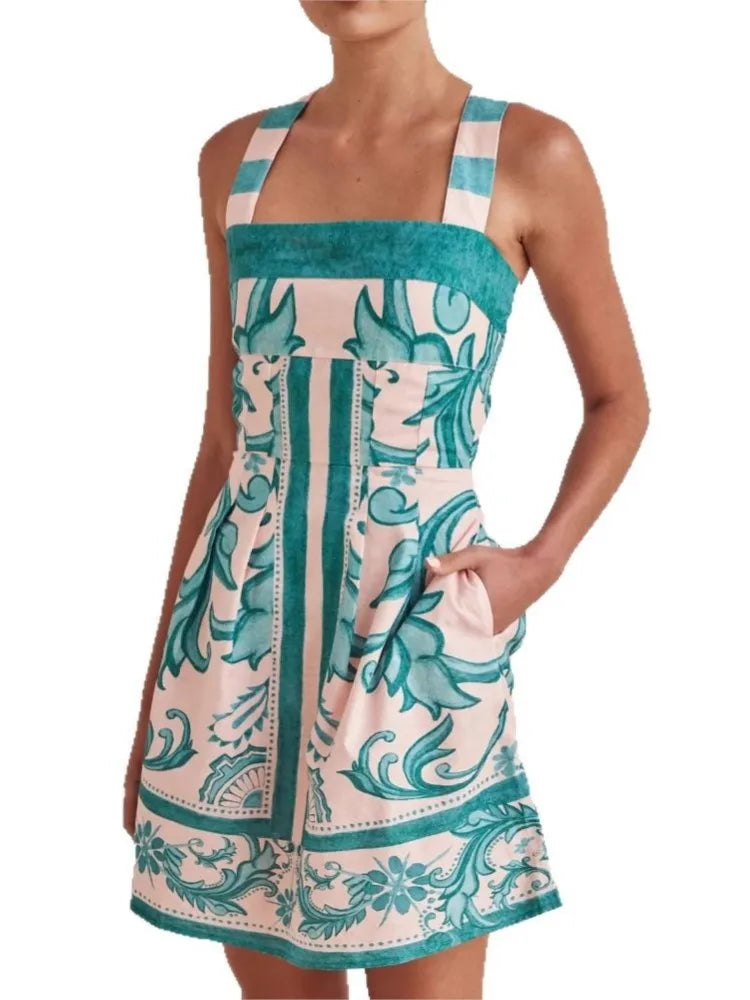 Women Summer Sexy Printed A-line Mini Dress Fashion Casual Blackless Sleeveless High Waist Off Shoulder Vestidos Party Dresses