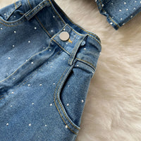 Denim Pant Set Women Two Piece Sets Sexy Matching Sets Sleeveless Short Tops Long Flare Pants High Waist Slim Hot Diamond