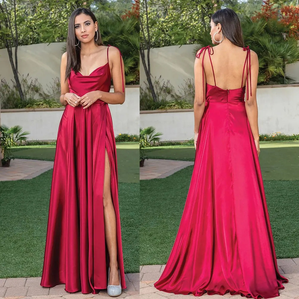 Spaghetti Strap Satin Prom Dresses Women Long Elegant Mint Green Backless Burgundy A-line Maxi Evening Party Gowns Vestidos Gala