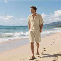 Summer men's solid-color linen beach suit, lapel button short-sleeved shirt paired with drawstring shorts, casual 2-piece set
