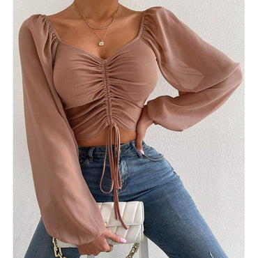 Chiffon Drawstring Crop Top Women Spring Summer Lantern Sleeve V-Neck Fashion Blouses Hight Street Skinny Sexy Shirt Y2K Clothes