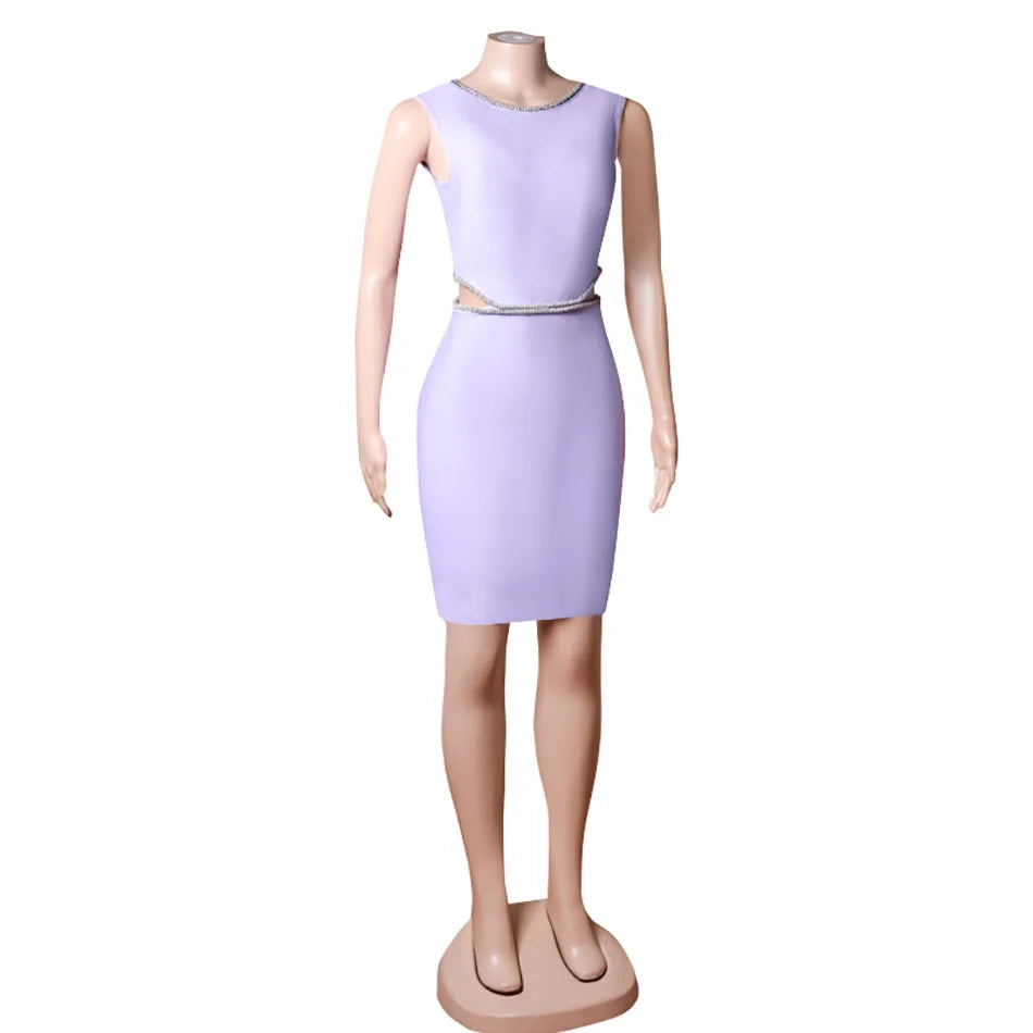 Diamond Round Neck Backless Bandage Dress Sleeveless Sexy Waist Cut Out Mini Bodycon Wire-line Drilling Summer Clubwear