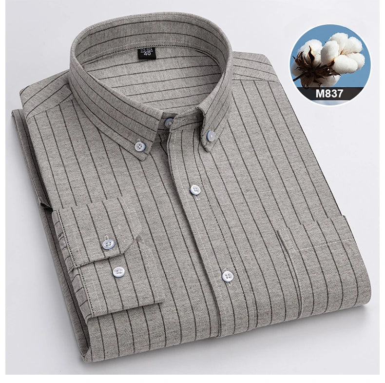 New in shirtplus size 7XL 100%cotton sanding long-sleeve shirts for men slim fit plain shirt striped plaid single pocket clothes