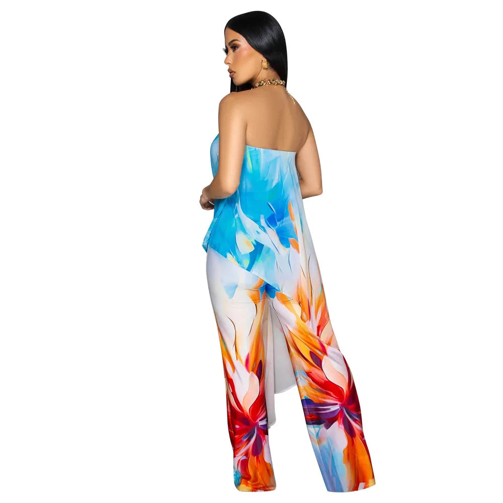 CM.YAYA Beach Holiday Print Women's Set Strapless High Low Blouse Top and Pants Suit 2025 Street Summer Two 2 Piece Sets Outfit