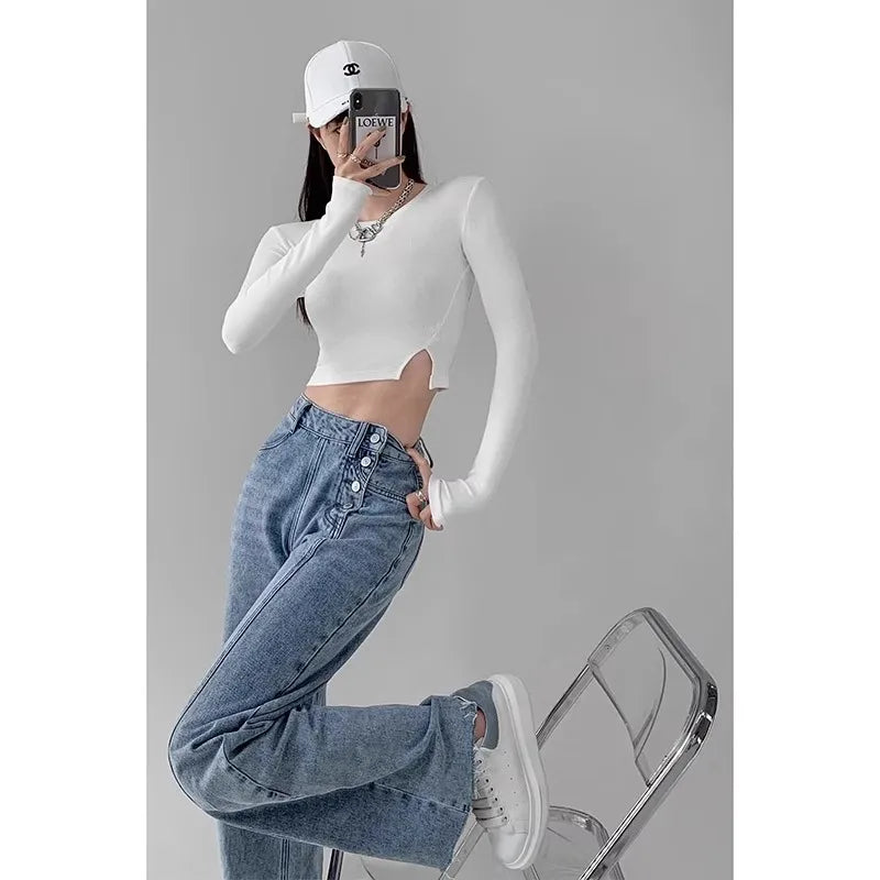 High-waisted Jeans Women's Loose-fit Straight-leg Trousers Draped Wide-leg Denim Pants