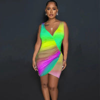 Tie Dye Summer Bodycon Dress Women Bulk Clothing V Neck Sheath Slim Ruched Night Club Party Mini Dress Clubwear Short Sexy Dress