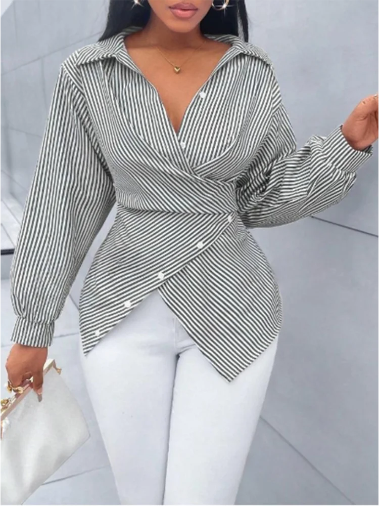 Striped V-neck Long Sleeved Lace Button Up Women's T-shirt Fashionable Versatile Daily Urban Style Spring Top