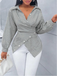 Striped V-neck Long Sleeved Lace Button Up Women's T-shirt Fashionable Versatile Daily Urban Style Spring Top