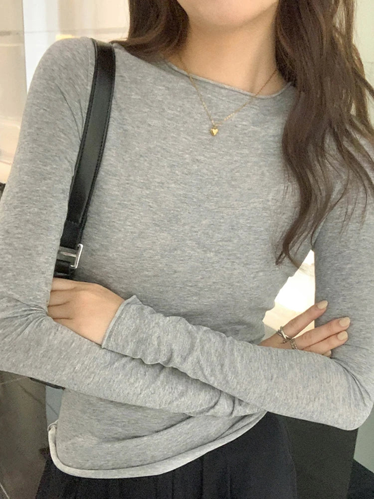 2025 Spring Autumn T shirt Women Tops Solid Slim Fit Long Sleeve O Neck Tshirts Female Casual Streetwear High Quality Base Tees