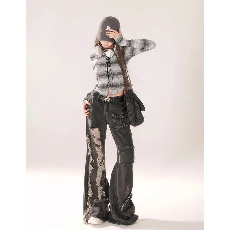 High Waist Ripped Women's Black Jeans Hip-hop Style Fashion Vintage Streetwear Y2K Wide Leg Jean Trouser Baggy Denim Pants