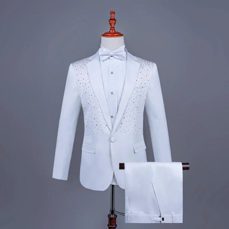 2025 New Black and White Hot Diamond Suits for Men 2-piece,Male Group Chorus/Singer Host/Anchor Dress Performance MC Blazer+Pant