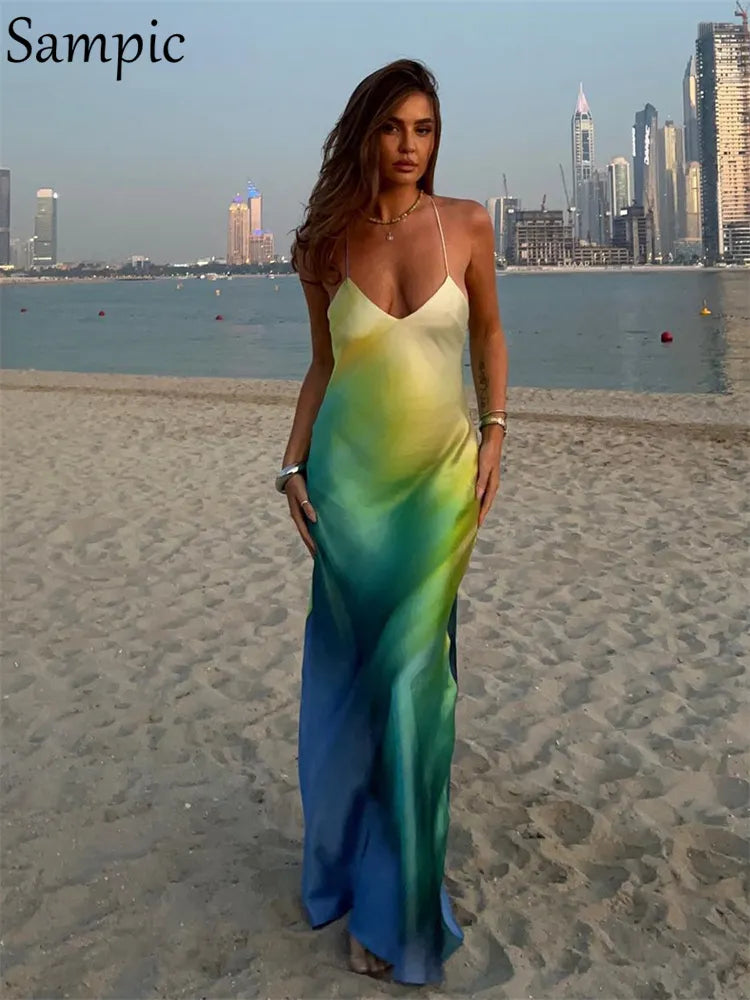 Sampic Satin Print Sexy Maxi Bodycon Beach Dress Summer Women Dye Tie Backless Elegant Party Dresses Holiday Outfits