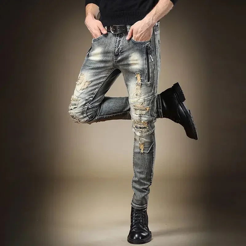 Broken Man Cowboy Pants with Holes Ripped Pockets Torn Tapered Jeans for Men Trousers Classic High Quality 2025 Trend Stacked Xs