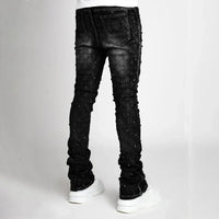 Men Denim Fashion Individualistic Straight-leg Men Trousers European and American Fashion Elastic Pearl Denim Layered Long Pants