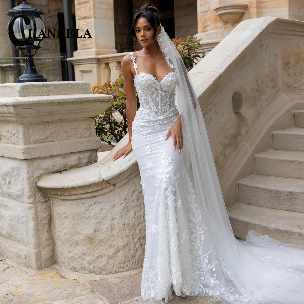 CHANDELA Fancy Sweetheart Wedding Dress Bridal Spaghetti Strap Lace Appliques Zipper with Button Mermaid Vestidos Customised