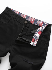 Men’s Slim Fit Ripped Black Jeans Distressed Casual Pants Streetwear Fashion Trousers USA Flag Print Waistband