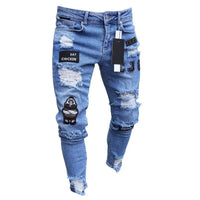 2023 Fashion Street Style Ripped Skinny Jeans Men Vintage wash Solid Denim Trouser Mens Casual Slim fit Black Blue denim Pants