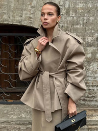 Women V-neck Lapel Belt Trench Coat Fashion Lace Up Full Sleeve Button Short Thin Windbreak 2025 New Lady Daily Street Outerwear