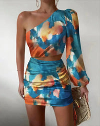 Fashionable Printed Summer New Sexy Slant Neck Single Shoulder Sleeve Off Shoulder Top Off Waist Women's Casual Short Dress