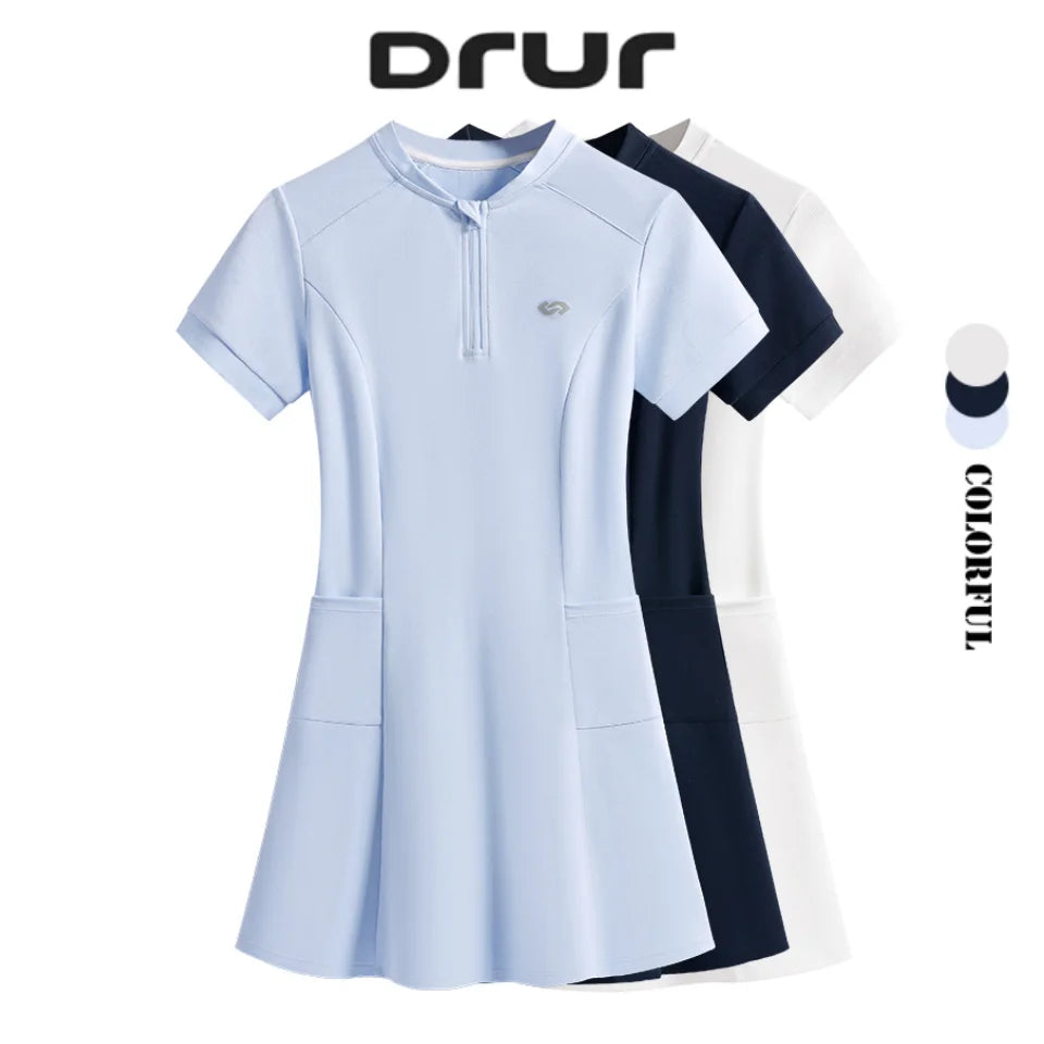 DRUR Elegant Tennis Dress Women Summer Lightweight Quick Dry Sports Dress Back Hollow Out Golf Wear Yoga Clothing Sportswear New