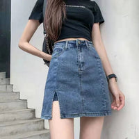 Women's High Waist Split Hip Denim Skirt Female Casual Slim A-line Jeans Short Skirt