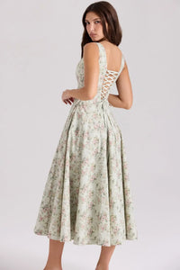 Summer Elegant Lace Up Dress 2025 New Arrivals Floral Print Midi Dress Women Sexy Corset Dress for Holiday Birthday