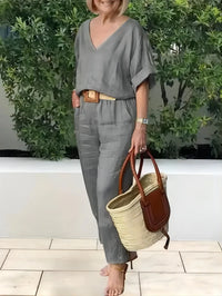 2024 Women's Fashion Casual Summer Multi-Color V-Neck Loose Cotton And Linen Suit New In Matching Sets For Women 2 Pieces