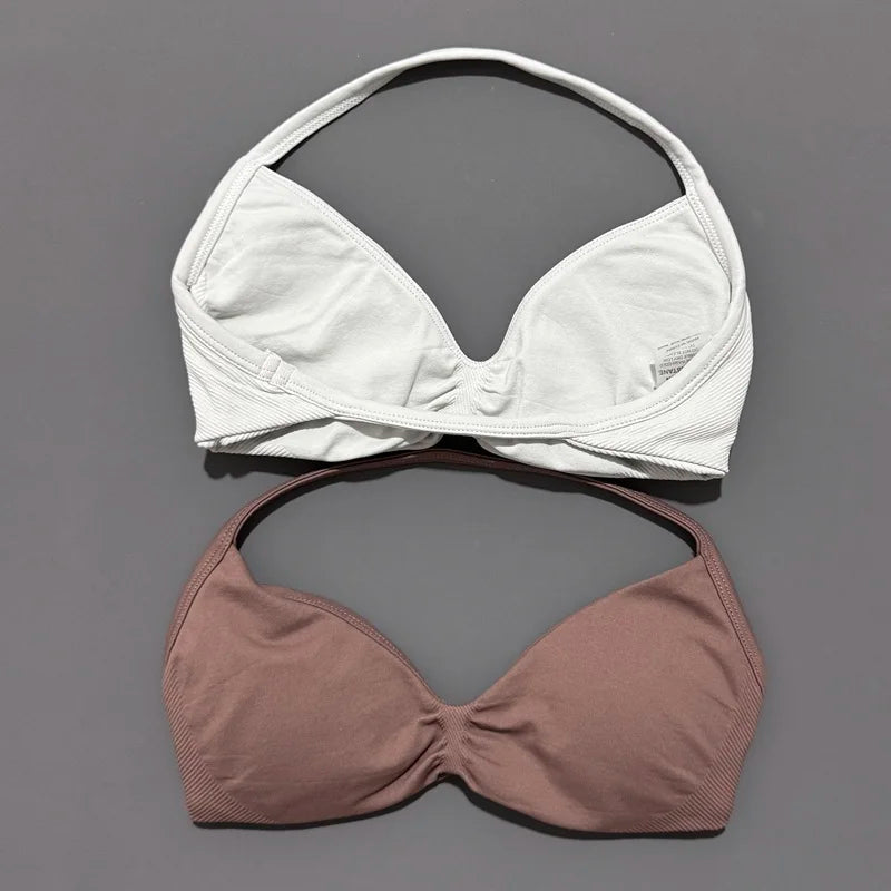 HISTELLO Sports Bra Seamless Halter Thin Strap High Support Scrunch Women Removable Pads Gym Fitness Workout Yoga Clothes