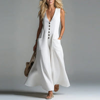 2026 Spring Summer Women Solid Color Deep V Neck Casual Dress With Patch Pockets