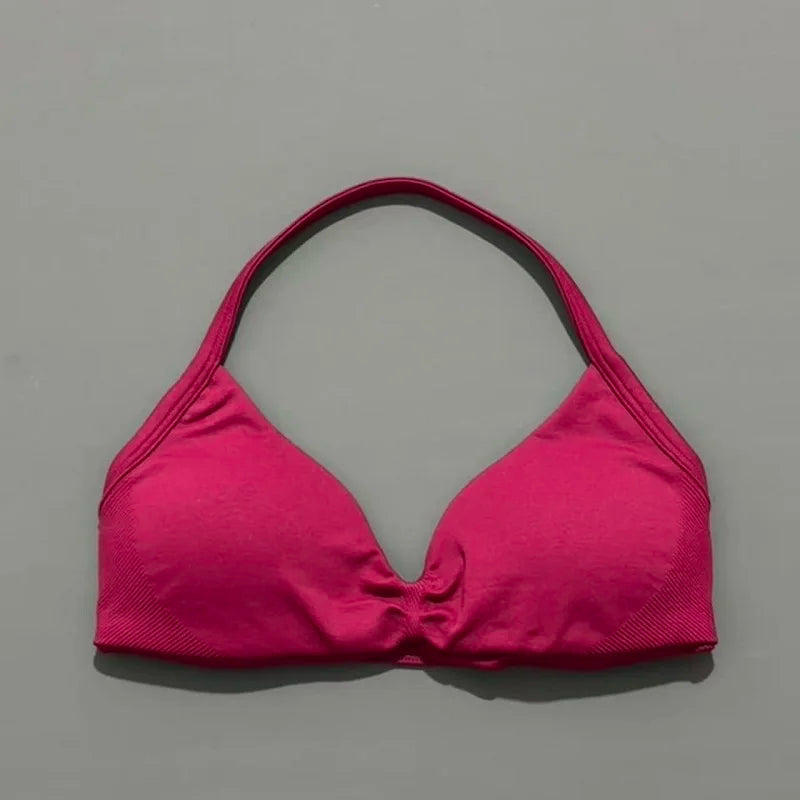 HISTELLO Sports Bra Seamless Halter Thin Strap High Support Scrunch Women Removable Pads Gym Fitness Workout Yoga Clothes