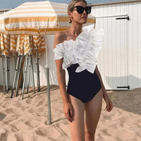 Women's Beach Vacation one-piece Swimsuit High Waist Bikini Ruffle One Shoulder One Piece Swimswaer Skirt Beachwear