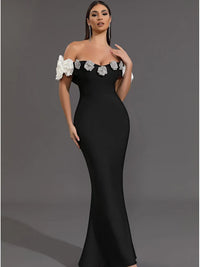 Women Celebrity Sexy Off Shoulder Flower Black Maxi Long Bodycon Bandage Dress 2024 Knitted Elegant Evening Club Party Outfit