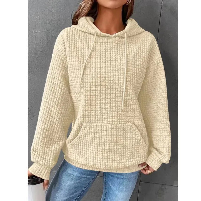 Women's Solid Color Sweatshirt Autumn/Winter Hooded Sweatshirt Waffle Round Neck Long Sleeve Sweatshirt