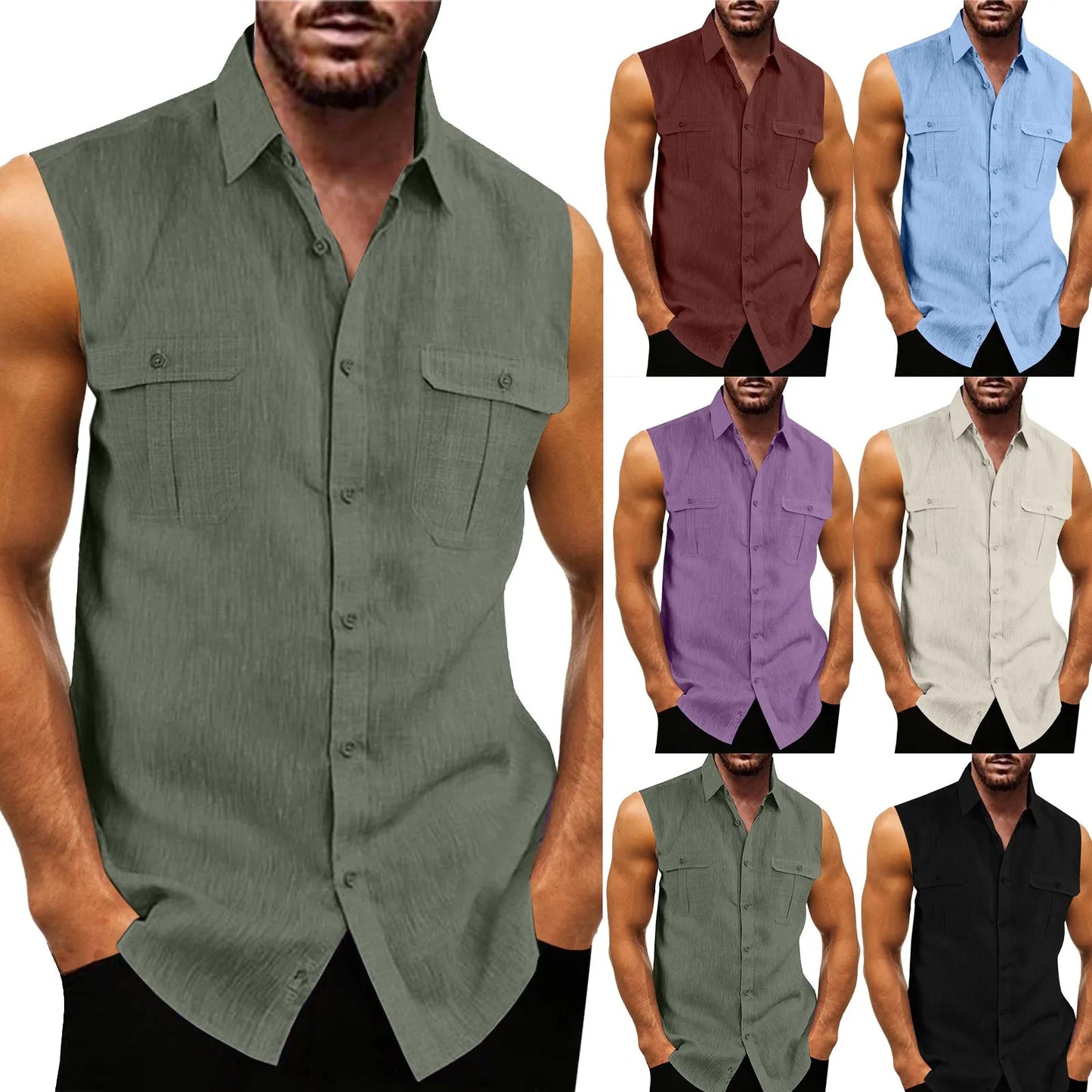 2023 Summer New Men's Shirts Solid Color Linen Cardigan Sleeveless Loose Lapel Men's Shirts Camisa