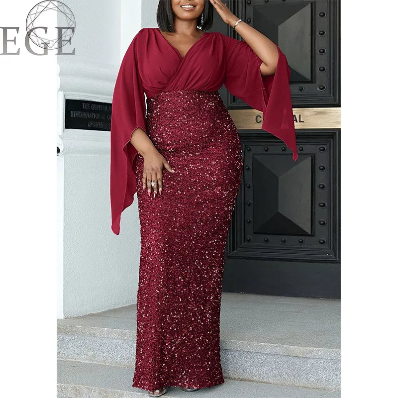 2023 Plus Size Luxury Dress Shiny Chiffon Loose Sherfang Plus Size Elegant Banquet Midi V Neck Dress