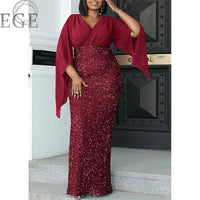 2023 Plus Size Luxury Dress Shiny Chiffon Loose Sherfang Plus Size Elegant Banquet Midi V Neck Dress